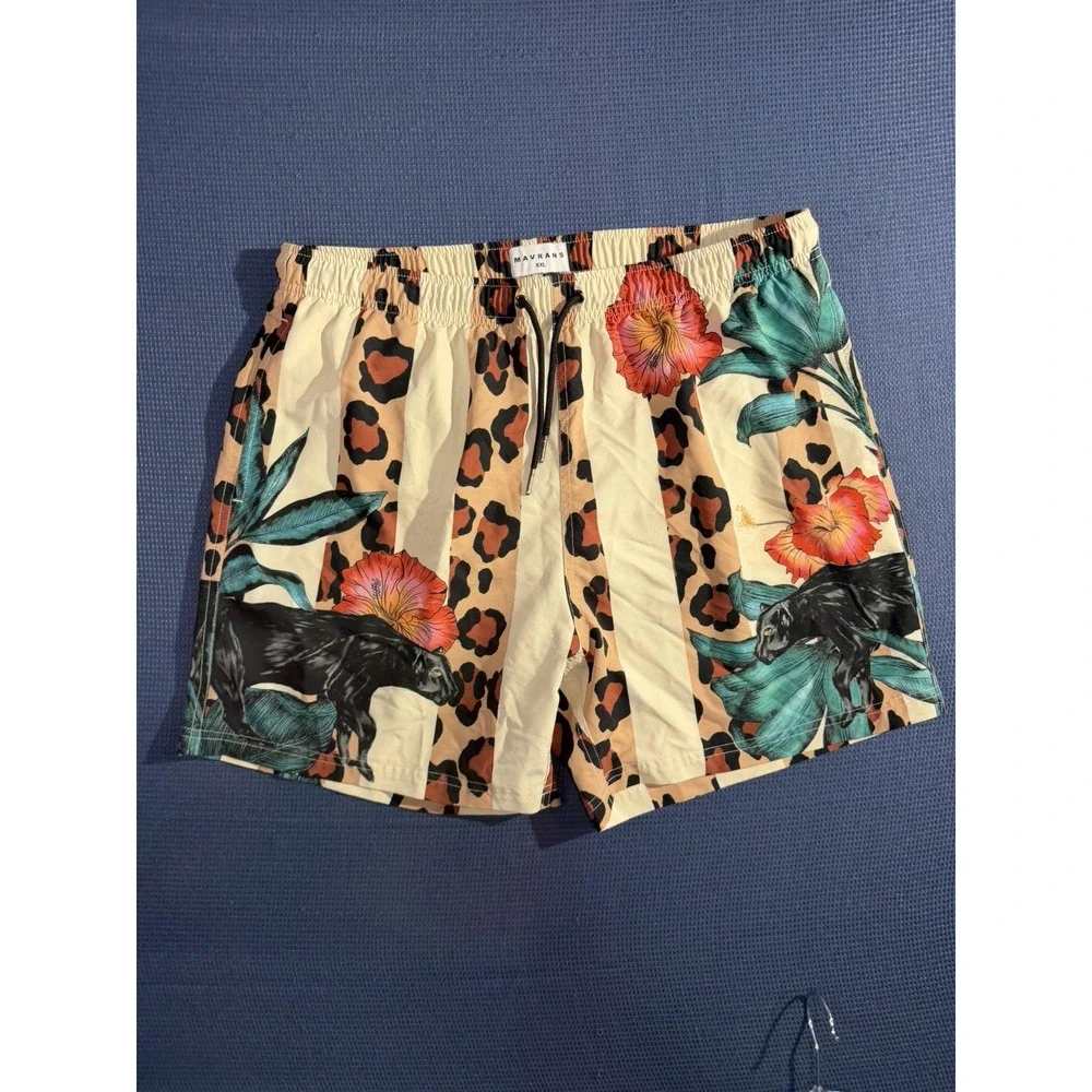 Mavrans Shorts XXL Adult Beige Floral Leo Pantera Swim Trunks Tropical Beach